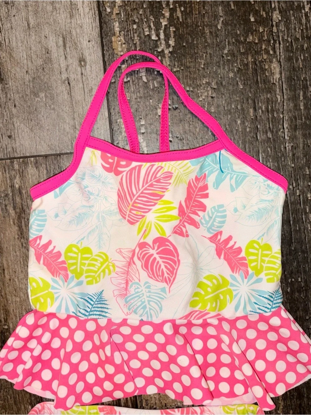 Girls Pink Tropical One-Piece Swim with Polka Dot Skirt